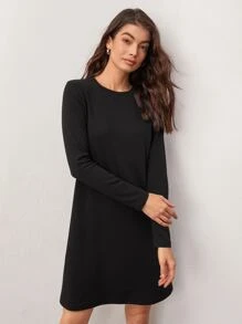 SHEIN BASICS Solid Round Neck Tee Dress - Black - View 3