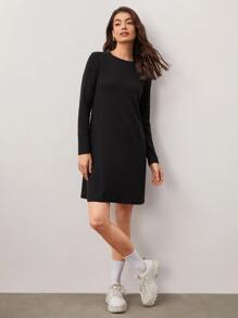 SHEIN BASICS Solid Round Neck Tee Dress - Black - View 4