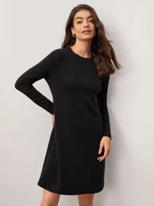 SHEIN BASICS Solid Round Neck Tee Dress - Black - View 5