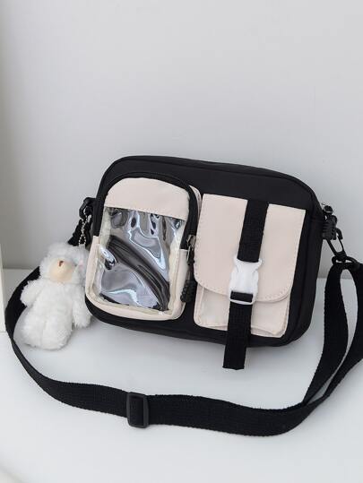 Bolso cuadrado con bloqueo de color y decoración de hebilla, bolso cruzado mini MININAI Kawaii, bolso bandolera lindo de estilo japonés estético para mujer, bolso de mensajero de estilo anime con pin, bolso de mujer de estilo callejero y japonés