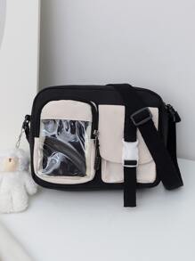 拼色开扣装饰方形包 MININAI 卡哇伊迷你斜挎包女士钱包可爱日本美学斜挎包动漫单肩包带别针，街头和日式风格女包 - 黑色 - 查看 2