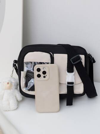 Colorblock Release Buckle Decor Square Bag MININAI Kawaii Mini Crossbody Bag Purse For Women Cute Japanese Aesthetic Messenger Bag Anime Shoulder Bag With Pin, Street & Japanese Style Women Bag, Literary School Bag For Teens, Book Bag For Women Or Students, Perfect For Books, Shopping, Back To School And More
