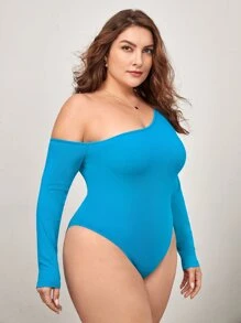 SHEIN BASICS Plus Asymmetrical Neck Slim Fit Bodysuit - Mint Blue - View 2