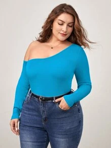 SHEIN BASICS Plus Asymmetrical Neck Slim Fit Bodysuit - Mint Blue - View 3
