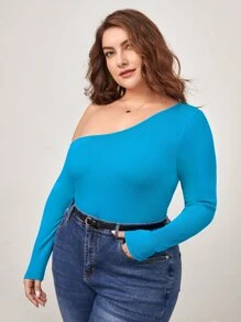 SHEIN BASICS Plus Asymmetrical Neck Slim Fit Bodysuit - Mint Blue - View 4