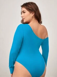 SHEIN BASICS Plus Asymmetrical Neck Slim Fit Bodysuit - Mint Blue - View 5