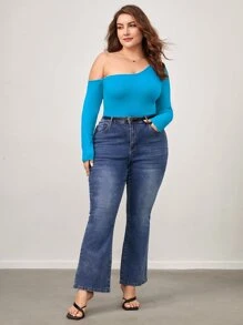 SHEIN BASICS Plus Asymmetrical Neck Slim Fit Bodysuit - Mint Blue - View 6