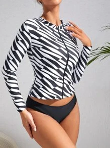 SHEIN Swim Zip Up Tankini Summer Beach - Black and White - View 4