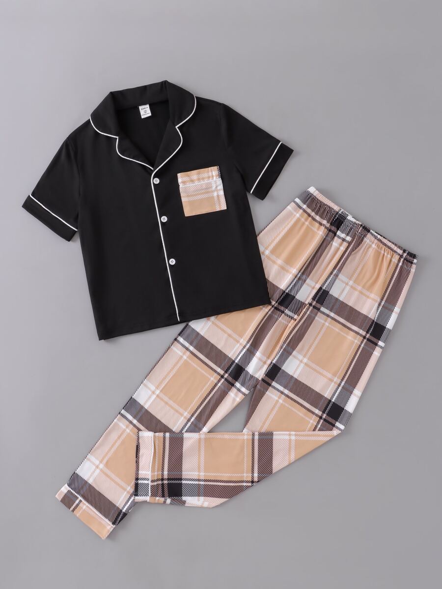 Boys Plaid Button Front Shirt & Trousers PJ Set - Multicolor - View 1