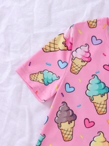 女孩冰淇淋印花緊身睡衣套裝 - 粉色 - 查看 4