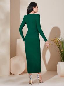 Modelyn Vestido de cuello cruzado fruncido de muslo con abertura - Verde - Ver 6