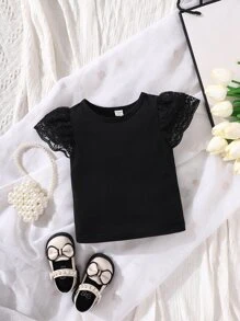 Baby Contrast Lace Puff Sleeve Tee - Black - View 1