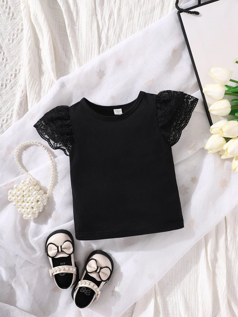 Baby Contrast Lace Puff Sleeve Tee - Black - View 1