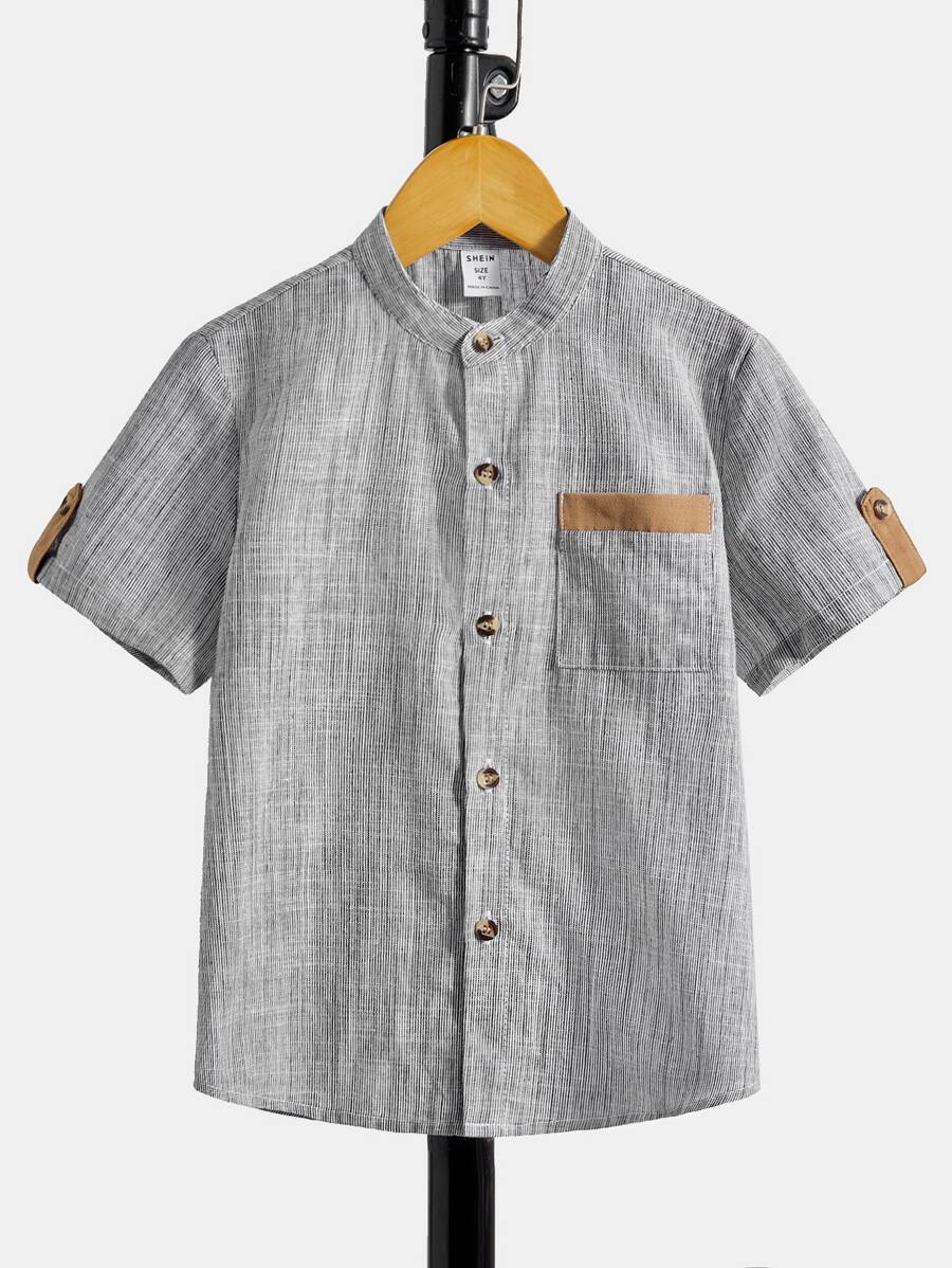 SHEIN Toddler Boys Button Front Pocket Patched Shirt - Grey - View 1