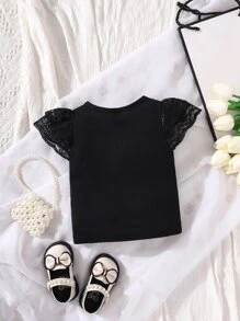 Baby Contrast Lace Puff Sleeve Tee - Black - View 2
