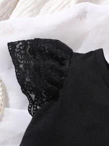 Baby Contrast Lace Puff Sleeve Tee - Black - View 3