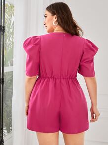 SHEIN VCAY 大碼泡泡袖前紐扣連身短褲 - 玫紅色 - 查看 2