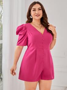 SHEIN VCAY 大碼泡泡袖前紐扣連身短褲 - 玫紅色 - 查看 3