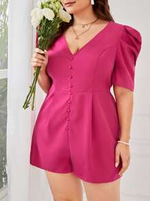 SHEIN VCAY 大碼泡泡袖前紐扣連身短褲 - 玫紅色 - 查看 4