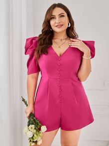 SHEIN VCAY 大碼泡泡袖前紐扣連身短褲 - 玫紅色 - 查看 5