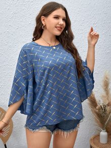 SHEIN LUNE Plus Gold Argyle Print Bell Sleeve Blouse - Blue - View 4