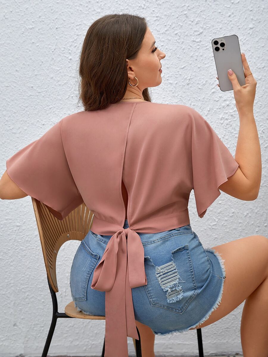 SHEIN Privé Plus Tie Back Batwing Sleeve Shirt - Dusty Pink - View 1