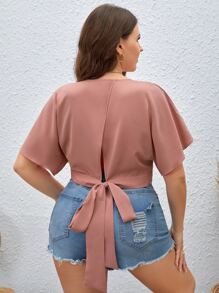 SHEIN Privé Plus Tie Back Batwing Sleeve Shirt - Dusty Pink - View 2