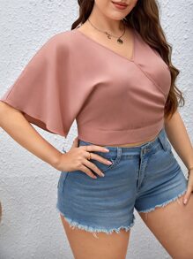SHEIN Privé Plus Tie Back Batwing Sleeve Shirt - Dusty Pink - View 3