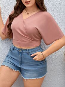 SHEIN Privé Plus Tie Back Batwing Sleeve Shirt - Dusty Pink - View 5