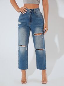 SHEIN PETITE High Waist Ripped Straight Leg Jeans - Medium Wash - View 1