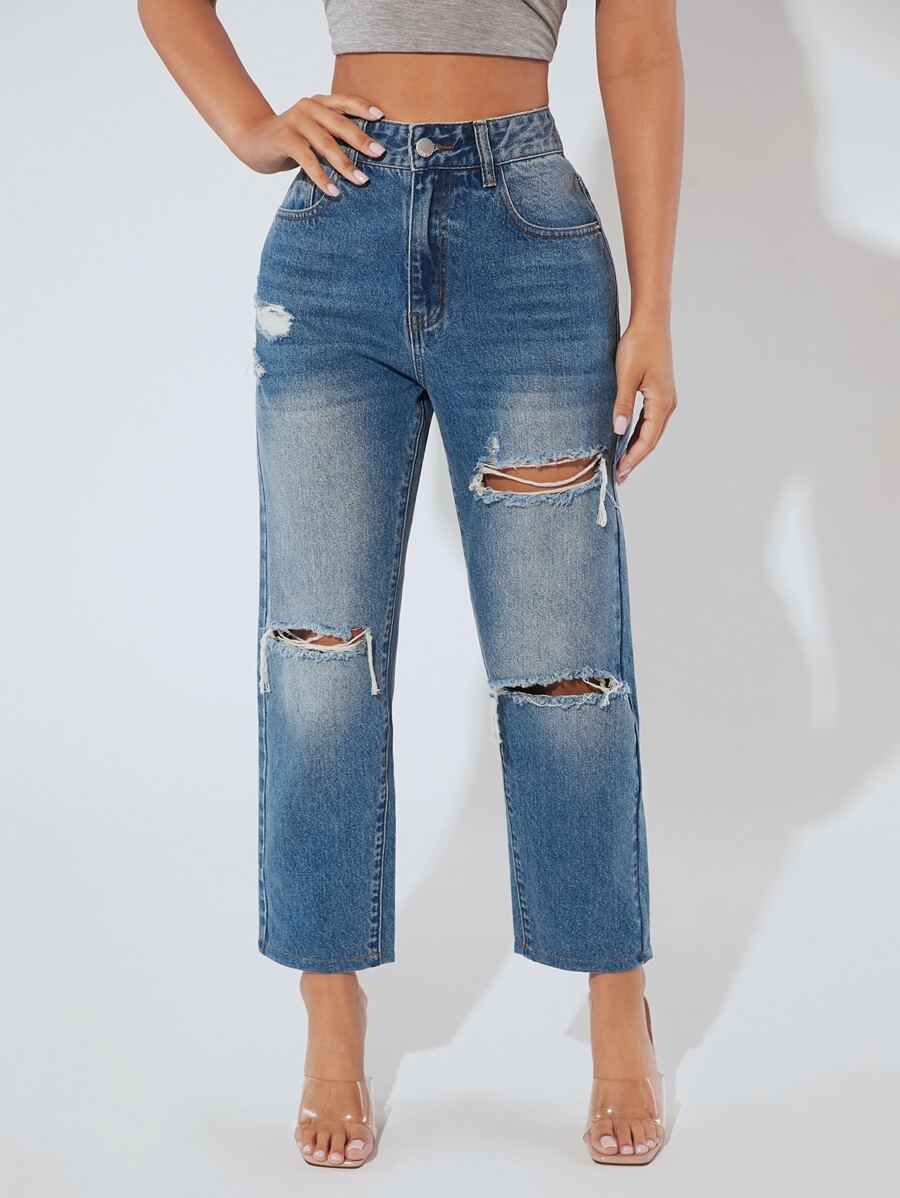 SHEIN PETITE High Waist Ripped Straight Leg Jeans - Medium Wash - View 1