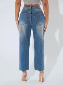 SHEIN PETITE High Waist Ripped Straight Leg Jeans - Medium Wash - View 2