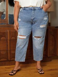 SHEIN CURVE+ Plus Ripped Straight Leg Jeans - Light Wash - View 5