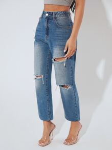 SHEIN PETITE High Waist Ripped Straight Leg Jeans - Medium Wash - View 5