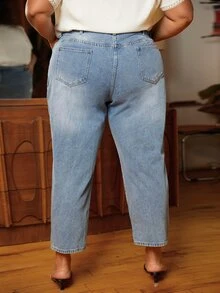 SHEIN CURVE+ Plus Ripped Straight Leg Jeans - Light Wash - View 4