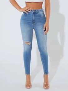 SHEIN PETITE Jeans ajustados desgarro - Lavado ligero - Ver 1