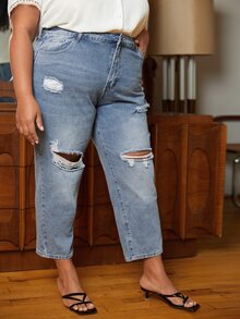 SHEIN CURVE+ Plus Ripped Straight Leg Jeans - Light Wash - View 2