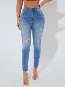 SHEIN PETITE Jeans ajustados desgarro - Lavado ligero - Ver 5