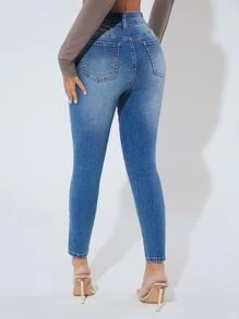SHEIN PETITE High Waist Ripped Skinny Jeans - Medium Wash - View 3