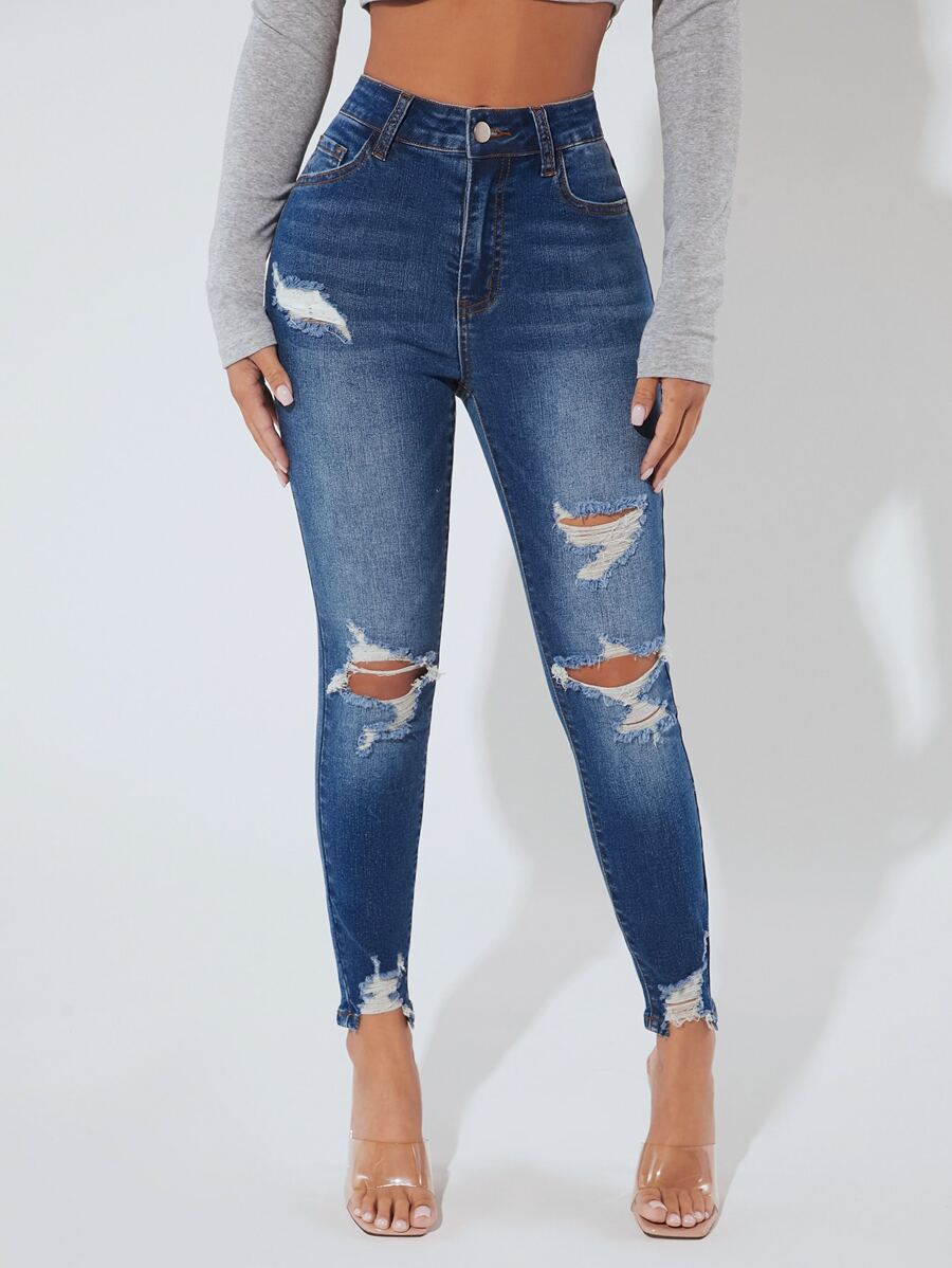SHEIN PETITE Ripped Raw Hem Skinny Jeans - Dark Wash - View 1