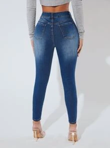 SHEIN PETITE Ripped Raw Hem Skinny Jeans - Dark Wash - View 2