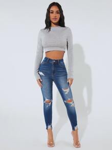 SHEIN PETITE Ripped Raw Hem Skinny Jeans - Dark Wash - View 3