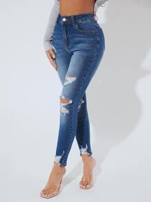 SHEIN PETITE Ripped Raw Hem Skinny Jeans - Dark Wash - View 4