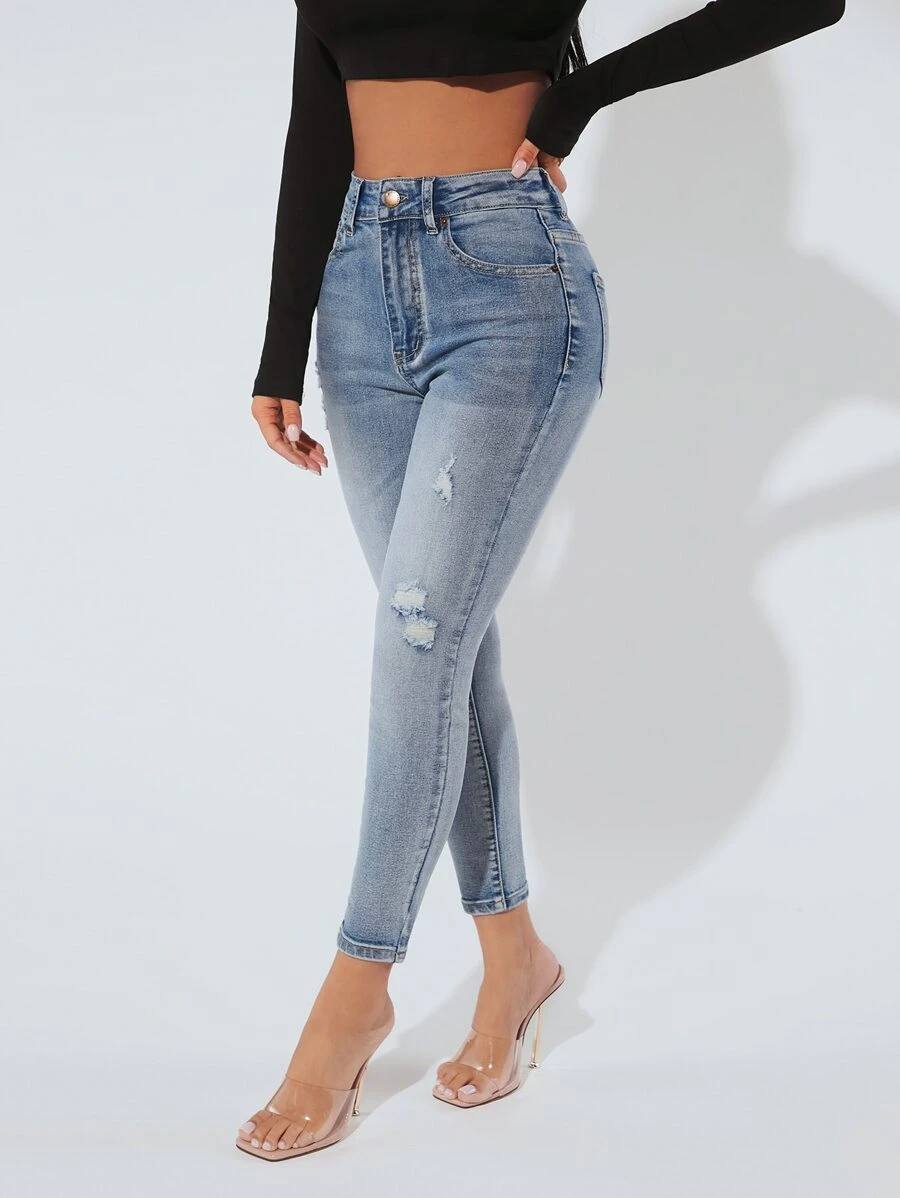SHEIN PETITE High Waist Ripped Skinny Jeans - Medium Wash - View 1