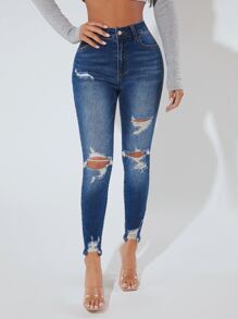 SHEIN PETITE Ripped Raw Hem Skinny Jeans - Dark Wash - View 5