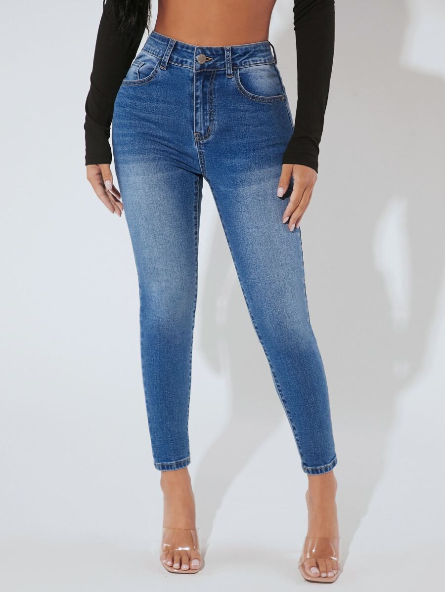 SHEIN PETITE Zipper Fly Skinny Jeans - Medium Wash - View 1