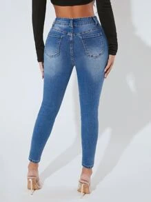 SHEIN PETITE Zipper Fly Skinny Jeans - Medium Wash - View 2