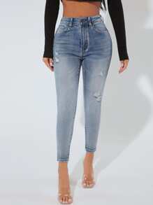 SHEIN PETITE High Waist Ripped Skinny Jeans - Medium Wash - View 3