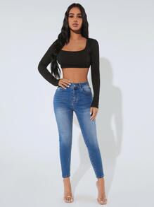 SHEIN PETITE Zipper Fly Skinny Jeans - Medium Wash - View 3