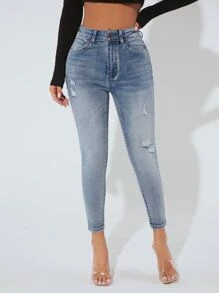 SHEIN PETITE High Waist Ripped Skinny Jeans - Medium Wash - View 4